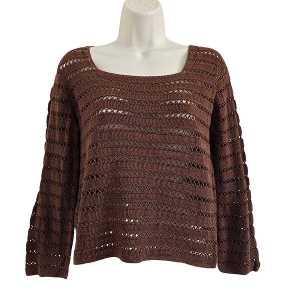 Peruvian Connection Pima Cotton Brown Crochet Knit Top-M Square Neck Boho - Picture 1 of 7